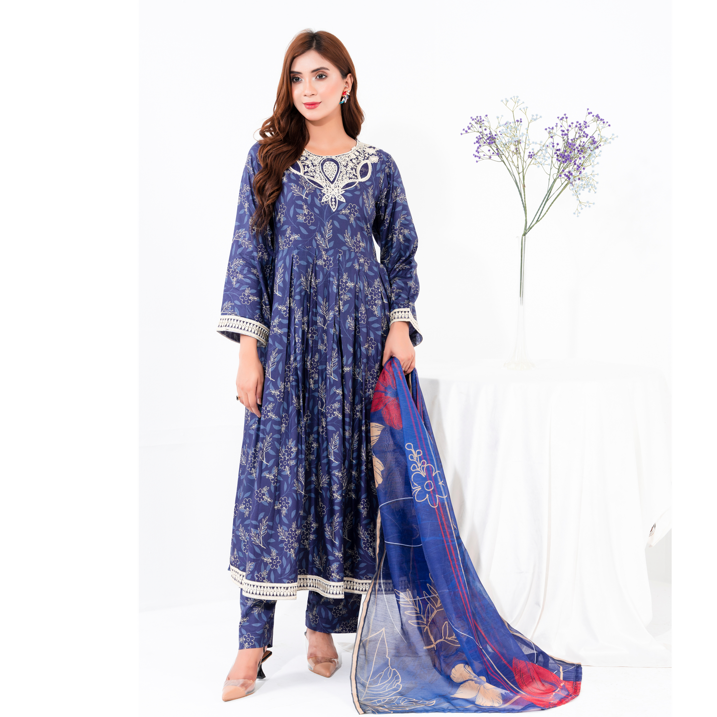 (Navy blue) 3 Pc Printed Floral Embroidered Linen Dress Winter Wear | Raniya.h