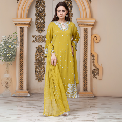 UA-54 3Pc Luxury Embroidered Chiffon Dress with Chiffon Dupatta 3 Pc |Ready to Wear| Umnaa