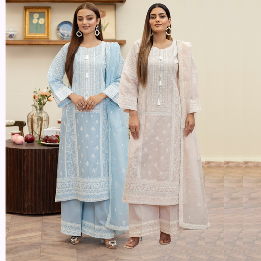 KC-1457 Embroidered Chikenkari Cotton Collection Ready to Wear 3 Pc - Karma Collection