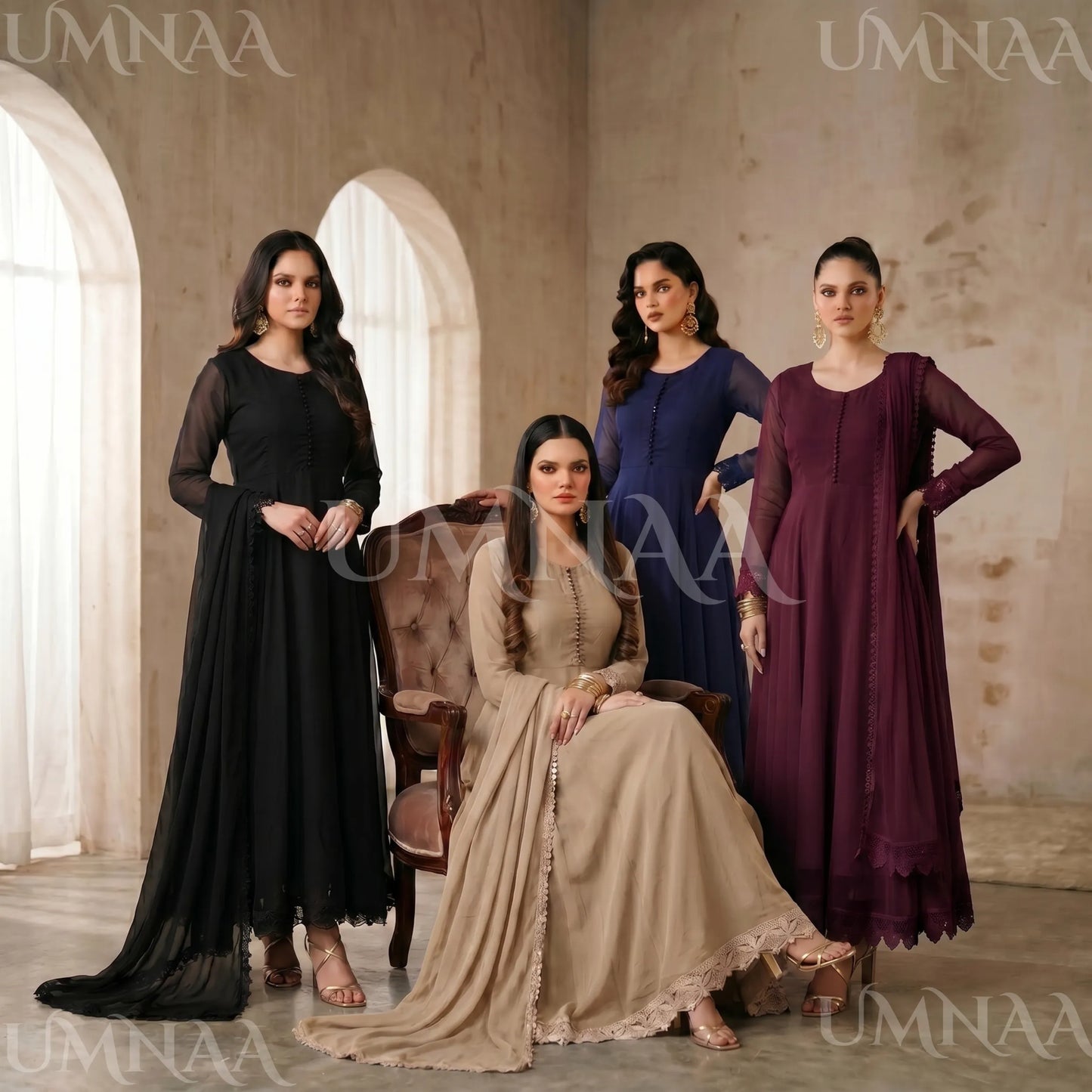 UA-204 Luxury Embroidered Chiffon Frock Collection 3 Pc | Ready to Wear | Umnaa
