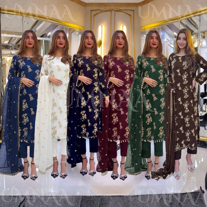 UA-26 3 Piece Embroidered Chiffon Party wear Pakistani Dress | Umnaa