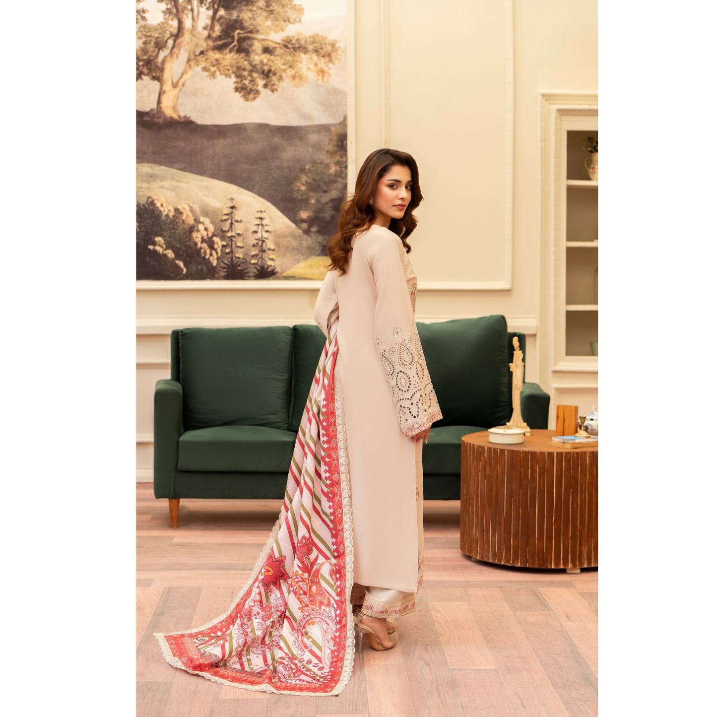 (BEIGE) 3 Pc Ready to Wear Embroidered Printed Collection | Karma Collection | UMKC0804