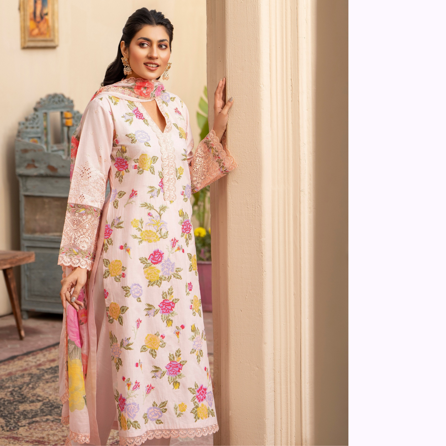 UKC-18 Embroidered Cambric Cotton Ready to Wear 3 Pc - Karma Collection