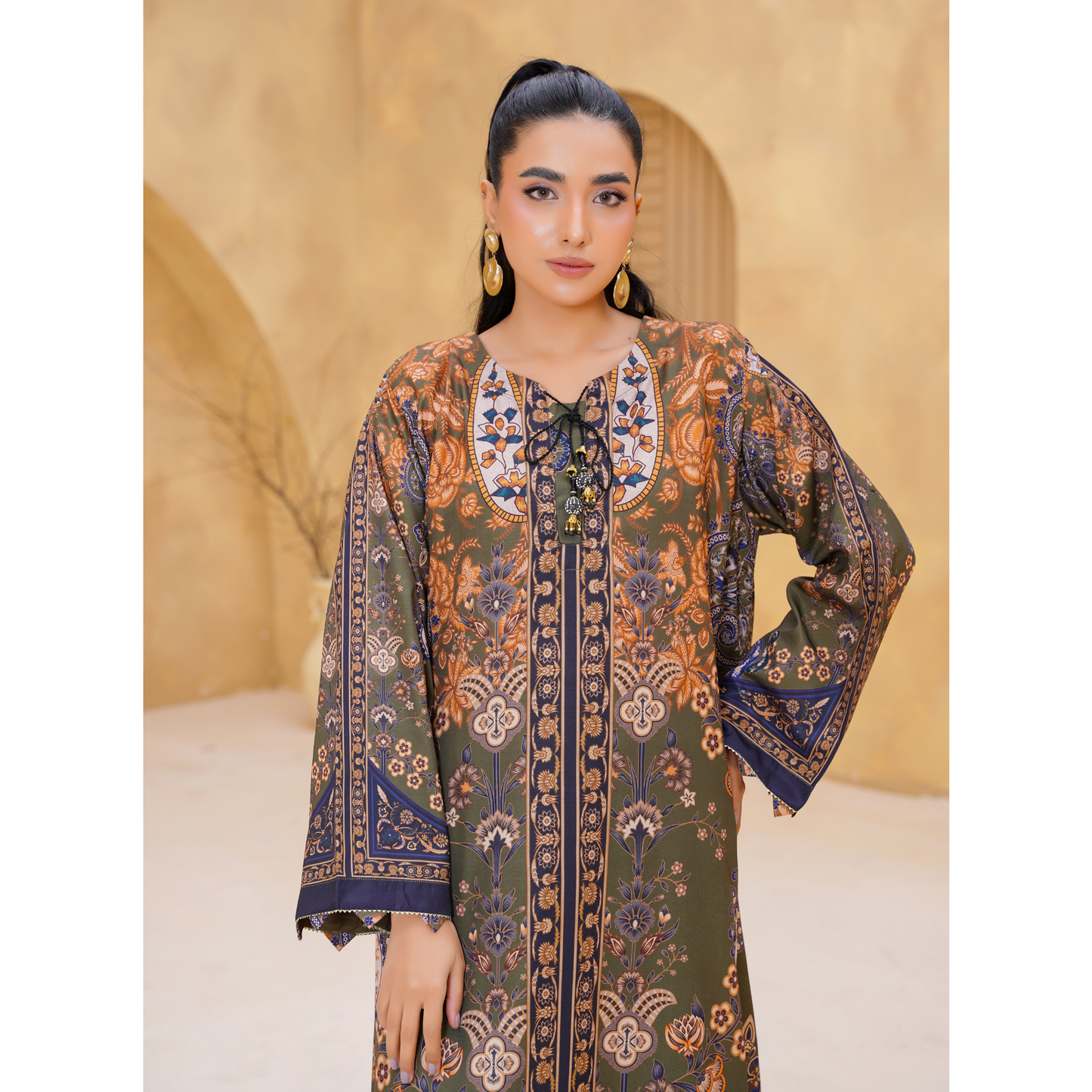 UA-157 Printed Slub Khaddar Kaftan Co-Ord Set | Winter 2 Piece Outfit