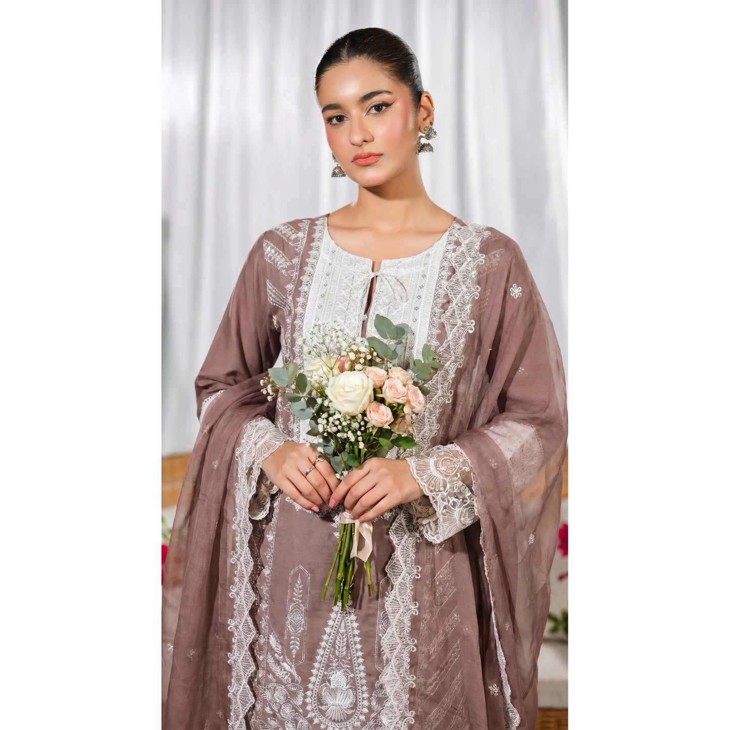 UB-02 3 Pc Embroidered Linen Dress With Embroidered Chiffon Dupatta  By UB