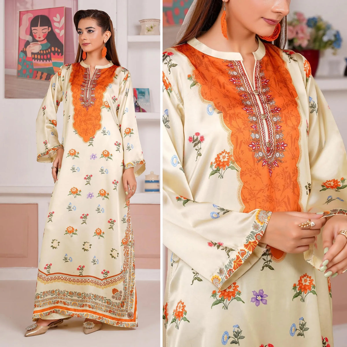 UA-312 Printed Shamooz Silk Printed Kaftan Style Co-Ord Set| Umnaa - Off White & Multi