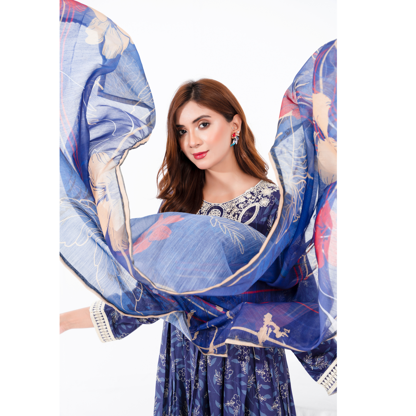 (Navy blue) 3 Pc Printed Floral Embroidered Linen Dress Winter Wear | Raniya.h