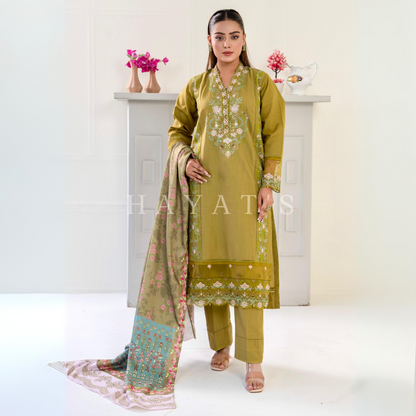 (Mehndi Green) 3 Pc Embroidered Khaddar Collection with Shawl | Ready to wear| Hayats