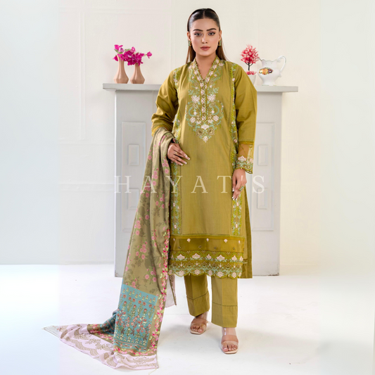 (Mehndi Green) 3 Pc Embroidered Khaddar Collection with Shawl | Ready to wear| Hayats
