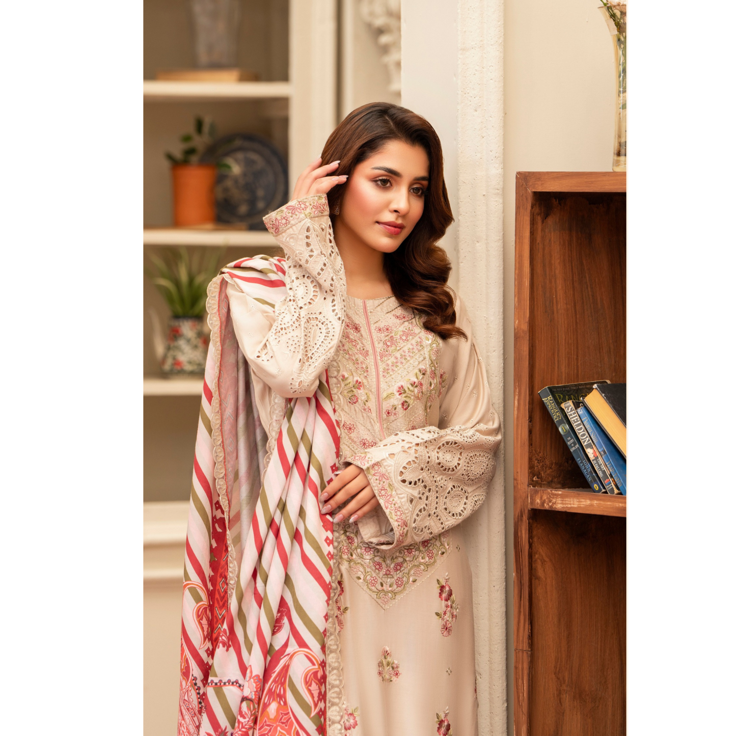 (BEIGE) 3 Pc Ready to Wear Embroidered Printed Collection | Karma Collection | UMKC0804