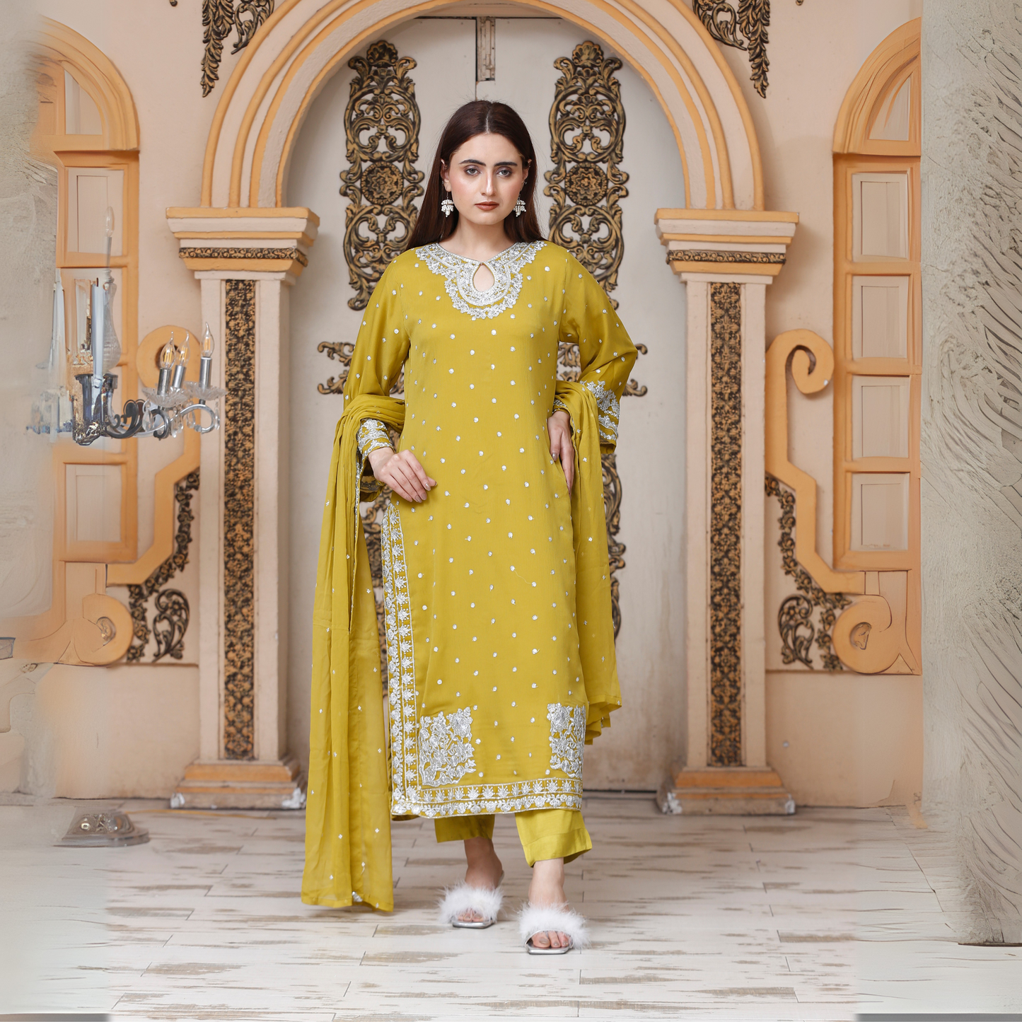 UA-54 3Pc Luxury Embroidered Chiffon Dress with Chiffon Dupatta 3 Pc |Ready to Wear| Umnaa