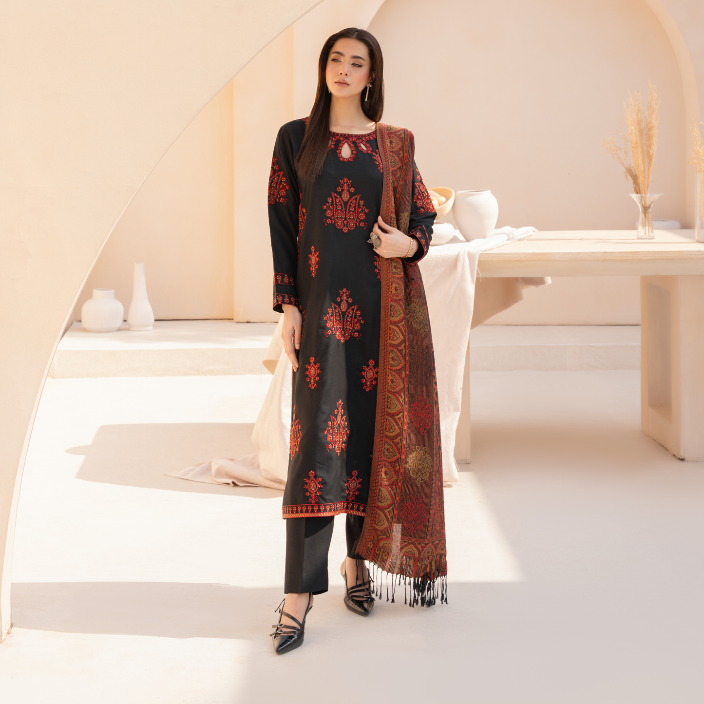 UA-140 Embroidered Dhanak Dress with Pashmina Shawl | Ready to Wear | Asian Clothes