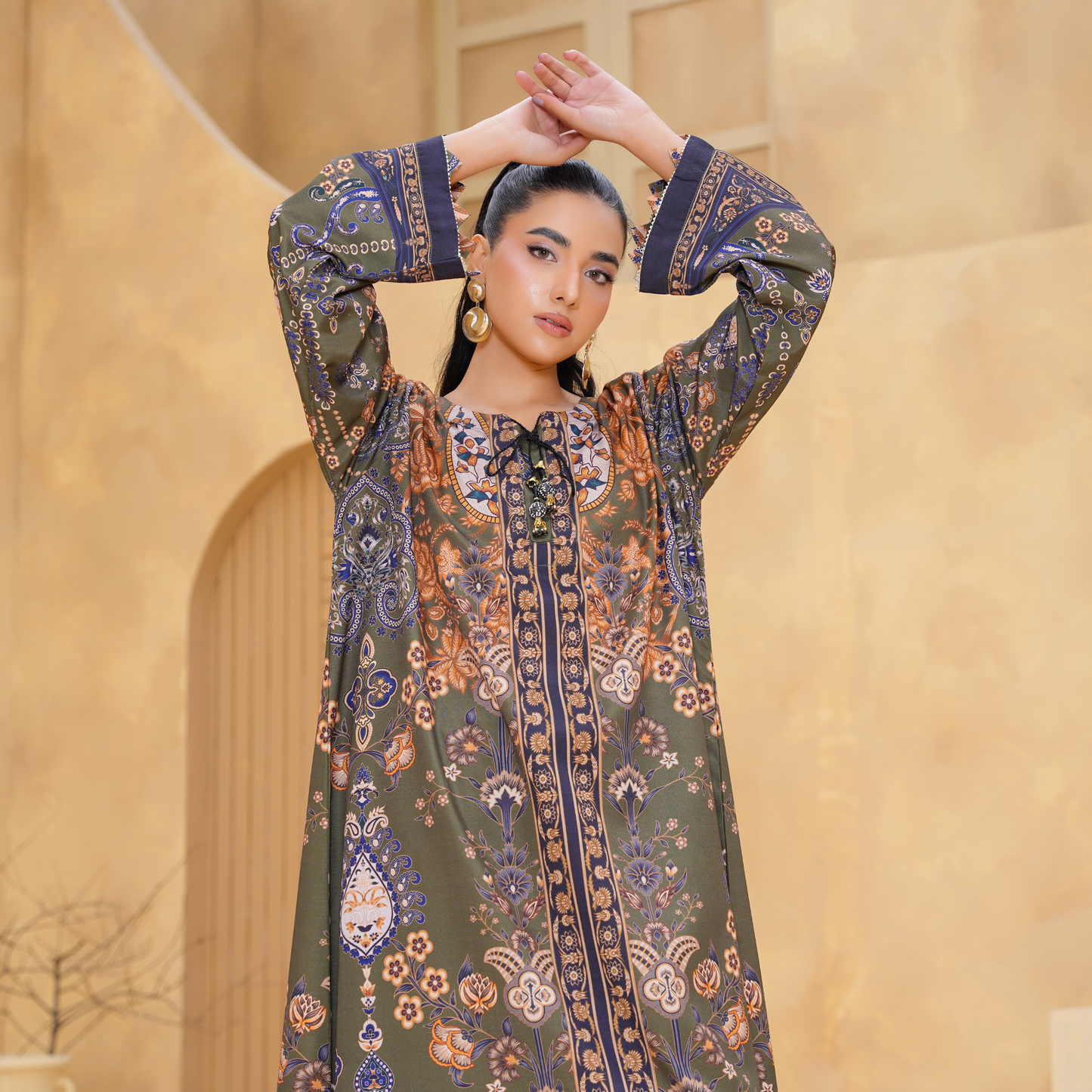 UA-157 Printed Slub Khaddar Kaftan Co-Ord Set | Winter 2 Piece Outfit