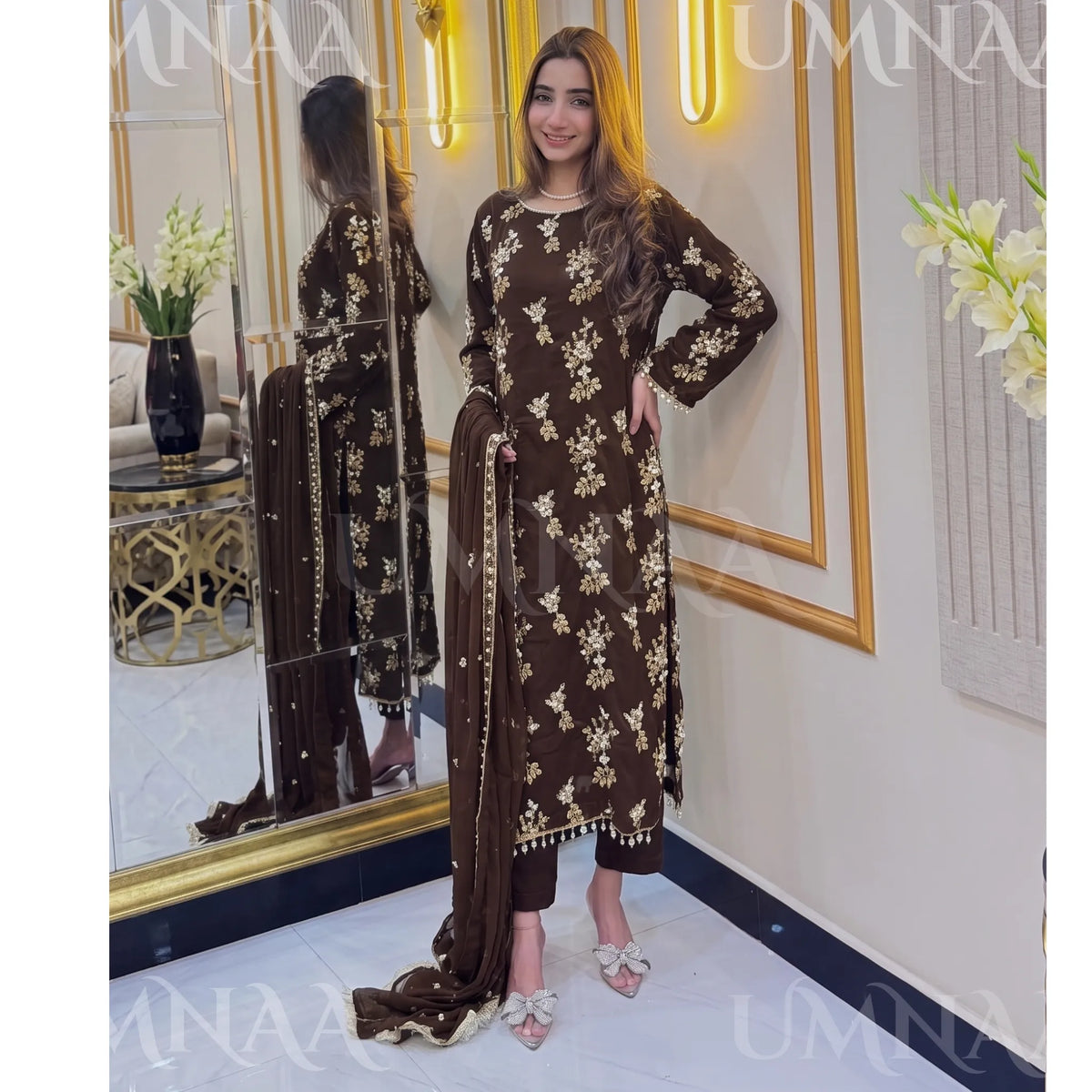 UA-26 3 Piece Embroidered Chiffon Party wear Pakistani Dress | Umnaa