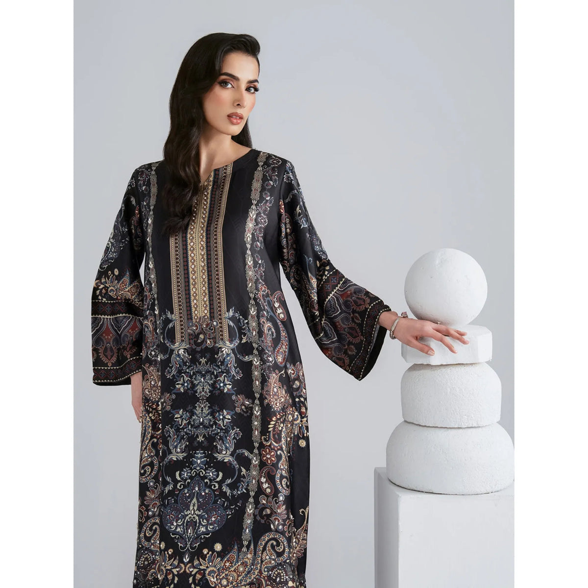 UAL-08 Printed Silk Kaftan with Trouser 2 Pc Set | Ally's