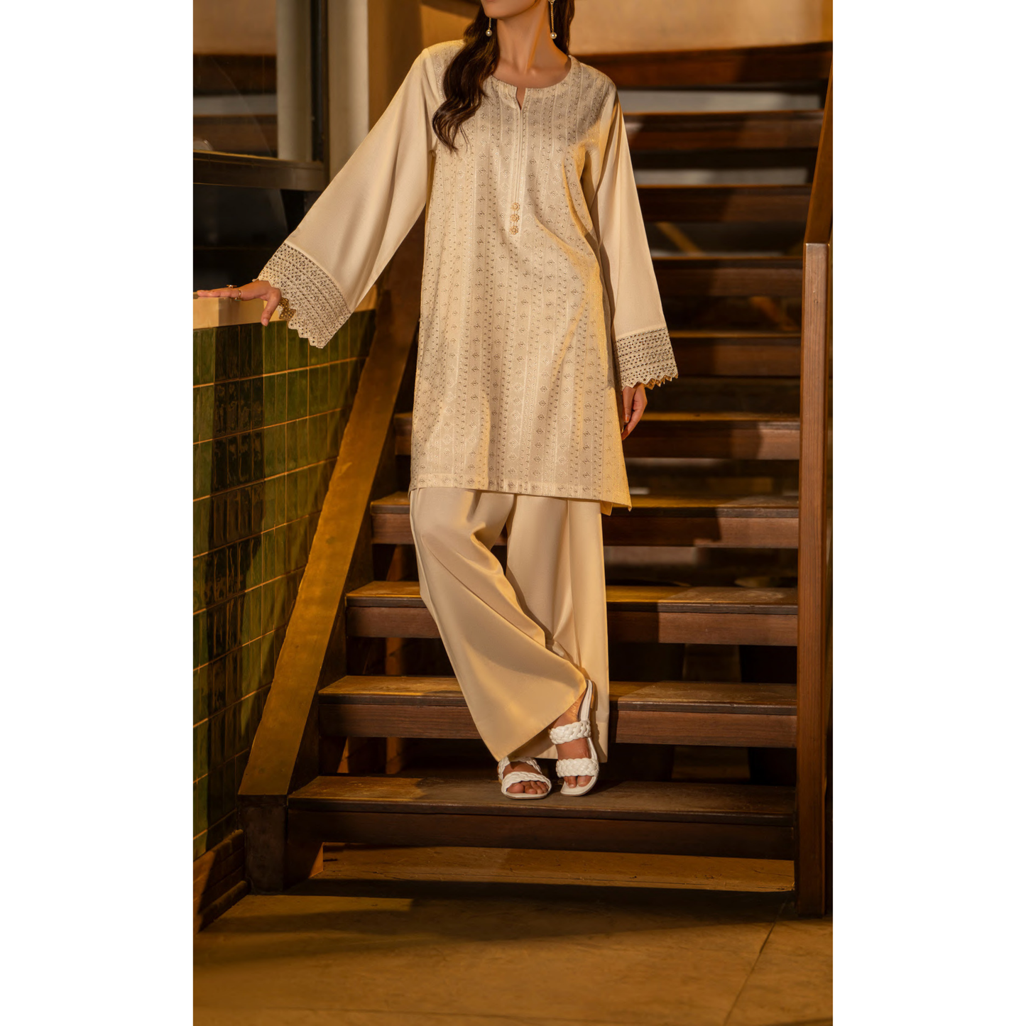 UCA-18 2 Pc Casual Cotton Farshi Shalwar Chikenkari Co-Ords Set | Ready to Wear | Casuallite