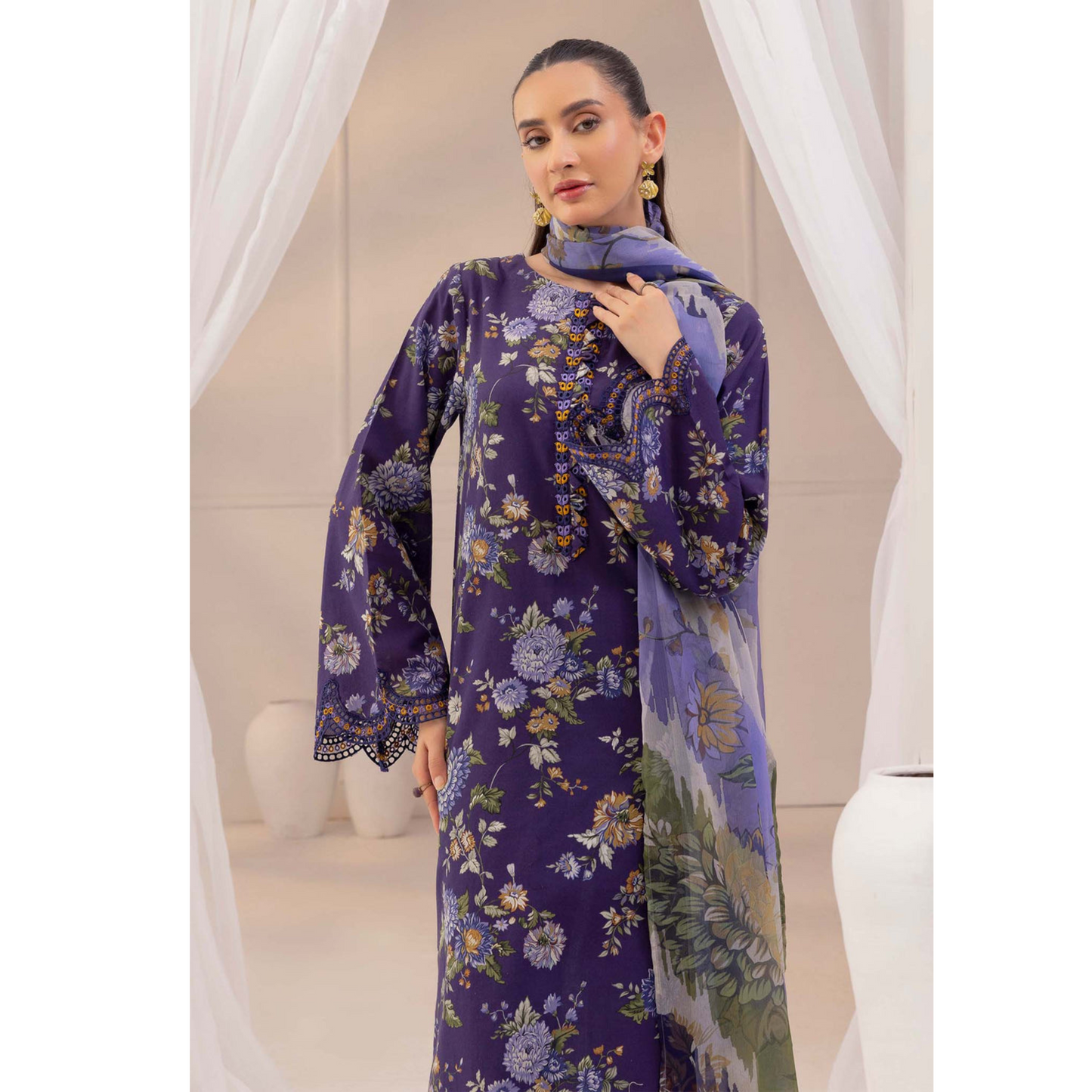 Plum Purple 3 Pc Printed Khaddar Ready to Wear Dress - Adan's libas
