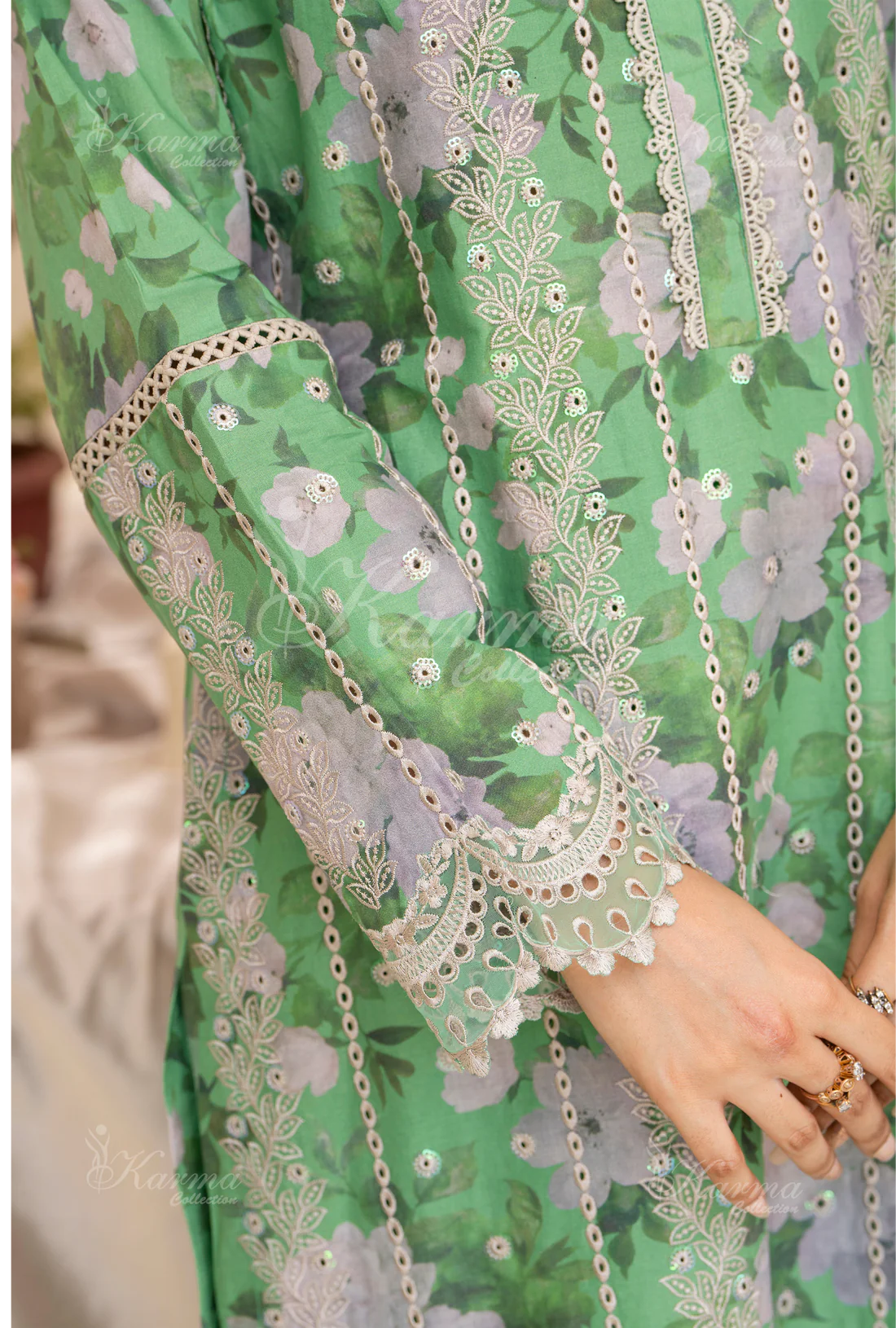 (Mint Green) Printed Chikenkari Cotton Lawn 3 Pc - Karma Collection