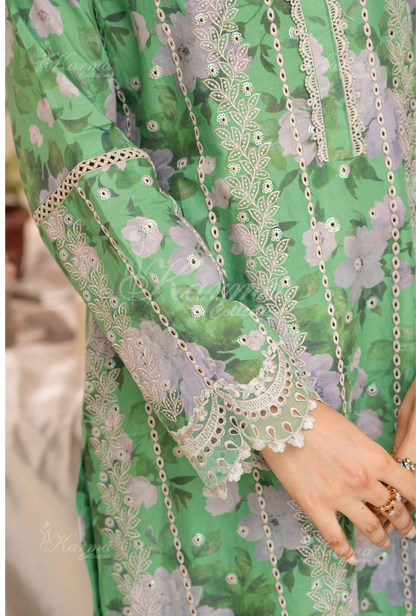 (Mint Green) Printed Chikenkari Cotton Lawn 3 Pc - Karma Collection