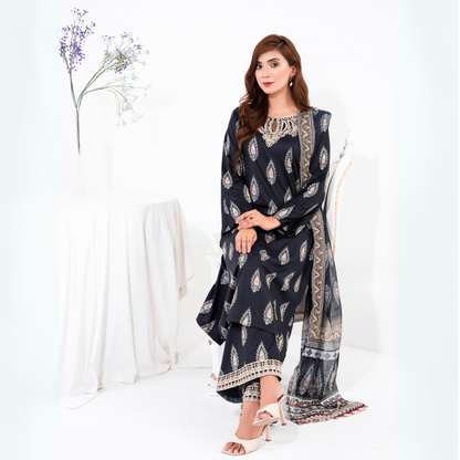 (Black) 3 Pc Printed Floral Embroidered Linen Dress Winter Wear | Raniya.h