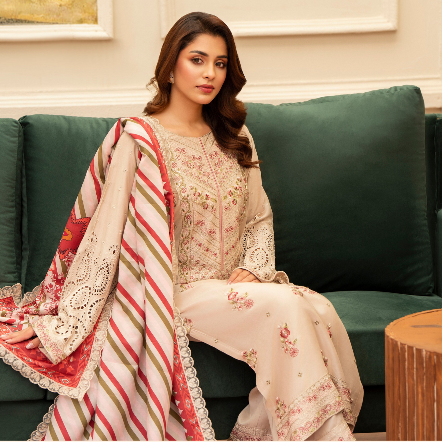 (BEIGE) 3 Pc Ready to Wear Embroidered Printed Collection | Karma Collection | UMKC0804