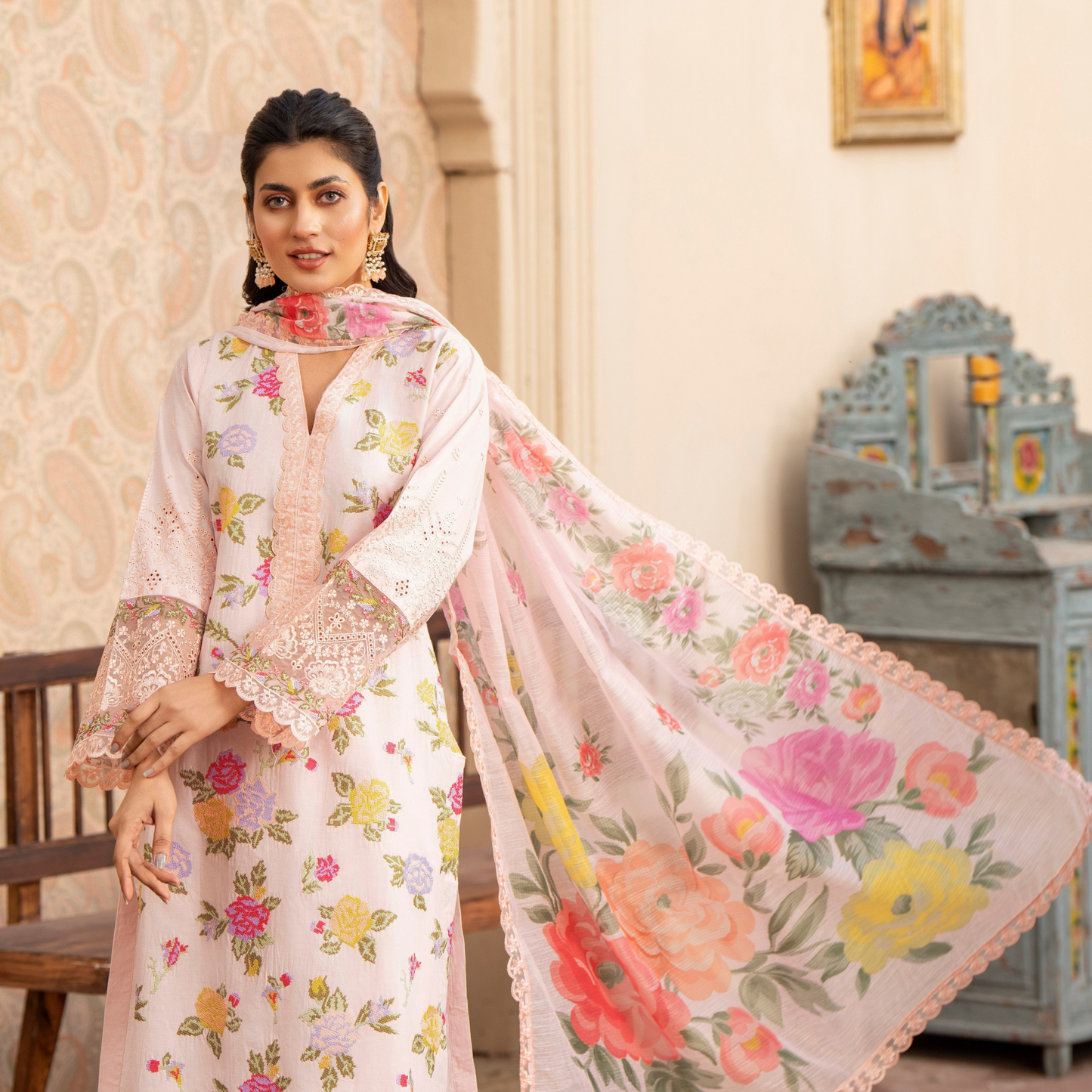 UKC-18 Embroidered Cambric Cotton Ready to Wear 3 Pc - Karma Collection