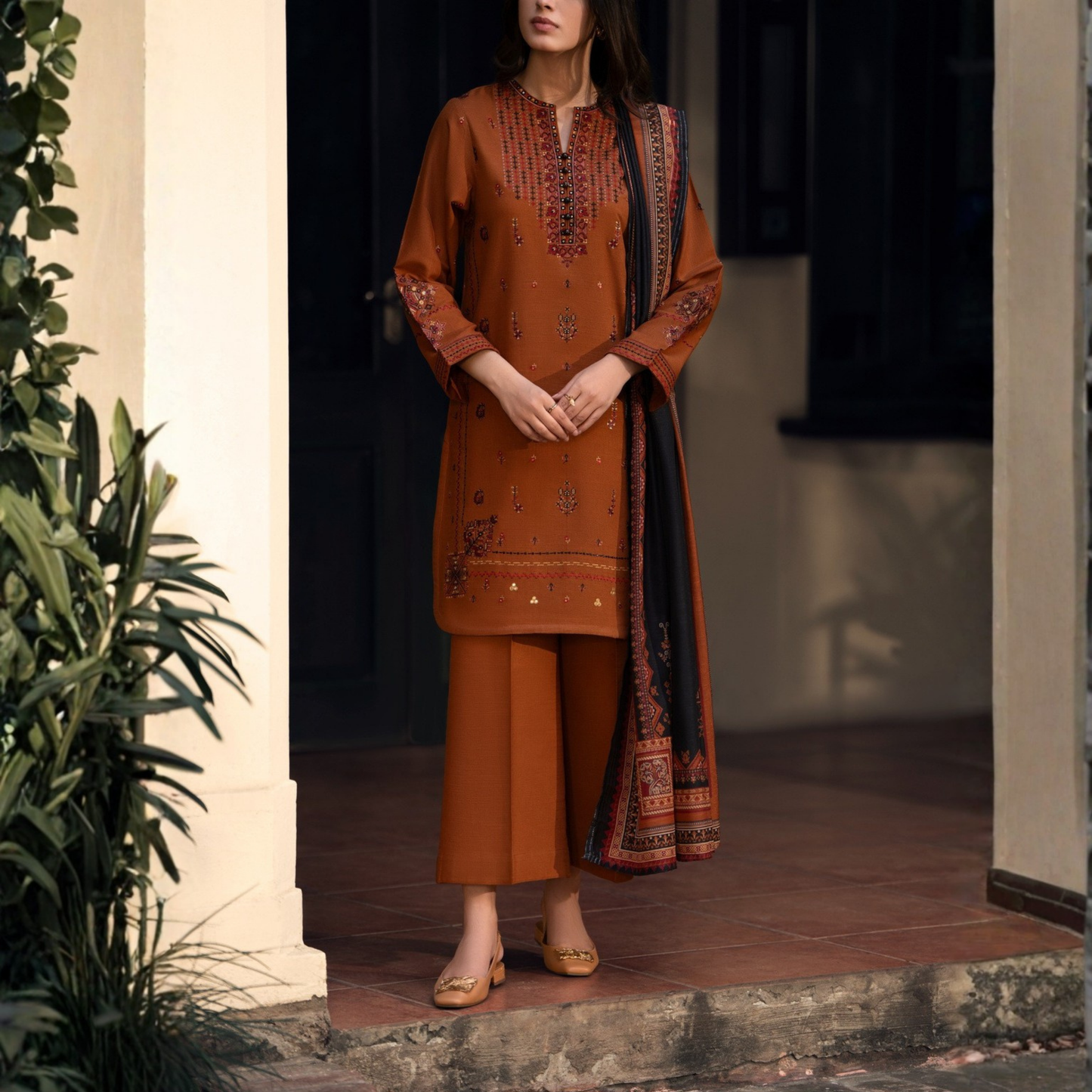 UCA-33 "Shadows" Embroidered Khaddar with Wool Shawl Winter Collection by Casuallite