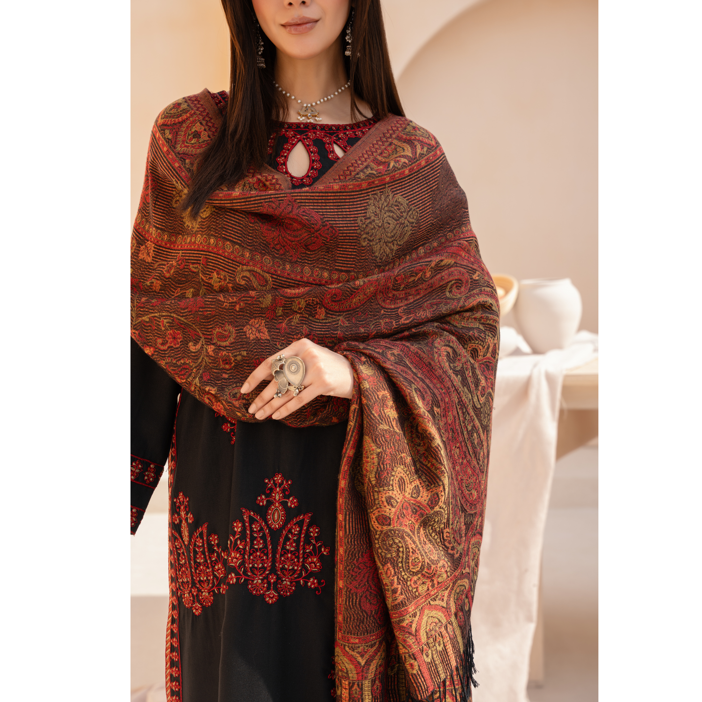 UA-140 Embroidered Dhanak Dress with Pashmina Shawl | Ready to Wear | Asian Clothes