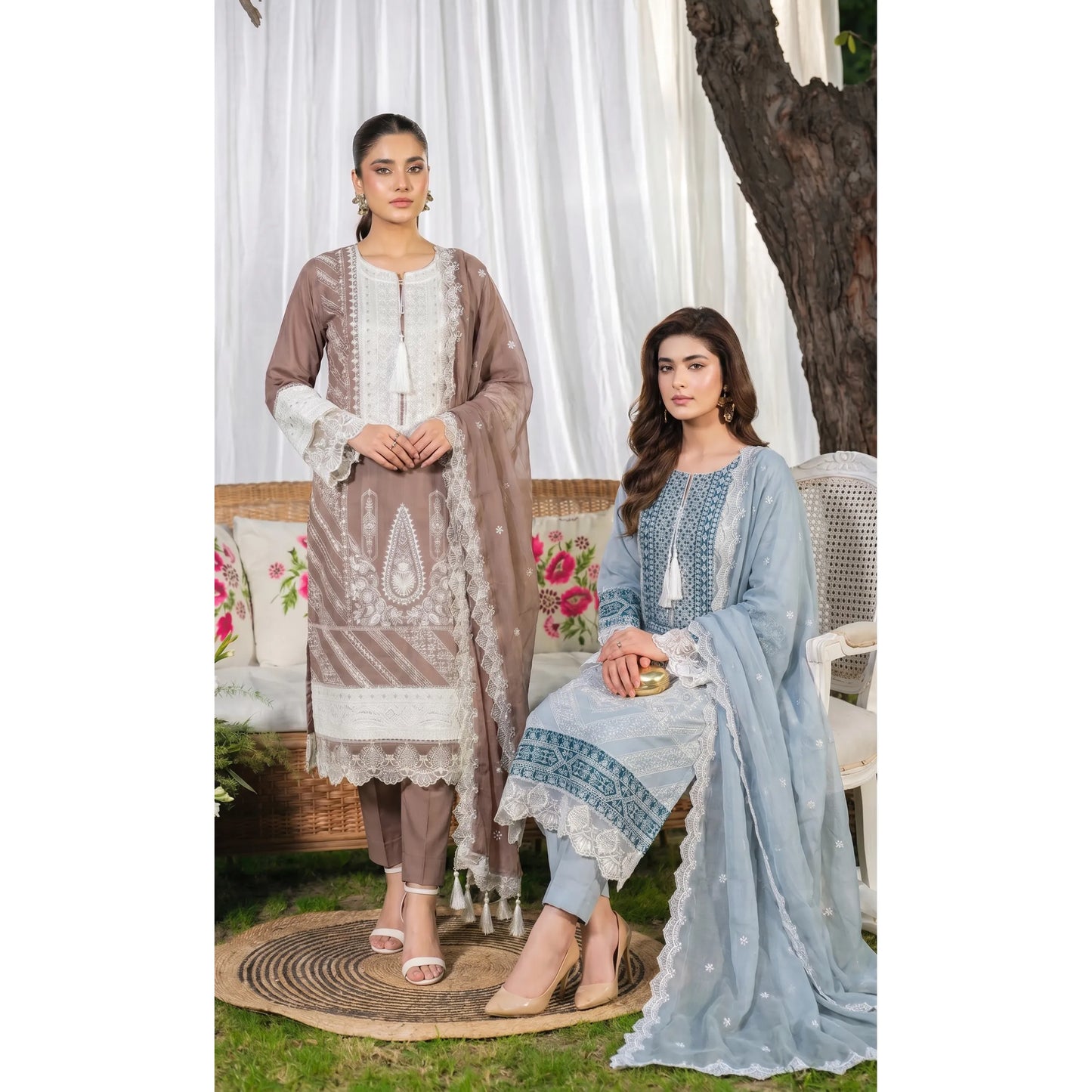 UB-02 3 Pc Embroidered Linen Dress With Embroidered Chiffon Dupatta  By UB