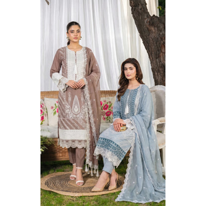 UB-02 3 Pc Embroidered Linen Dress With Embroidered Chiffon Dupatta  By UB