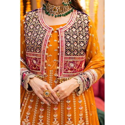 Luxury Embroidered  chiffon long Maxi with velvet jacket | Wedding Collection | karma Collection | UMKC01401