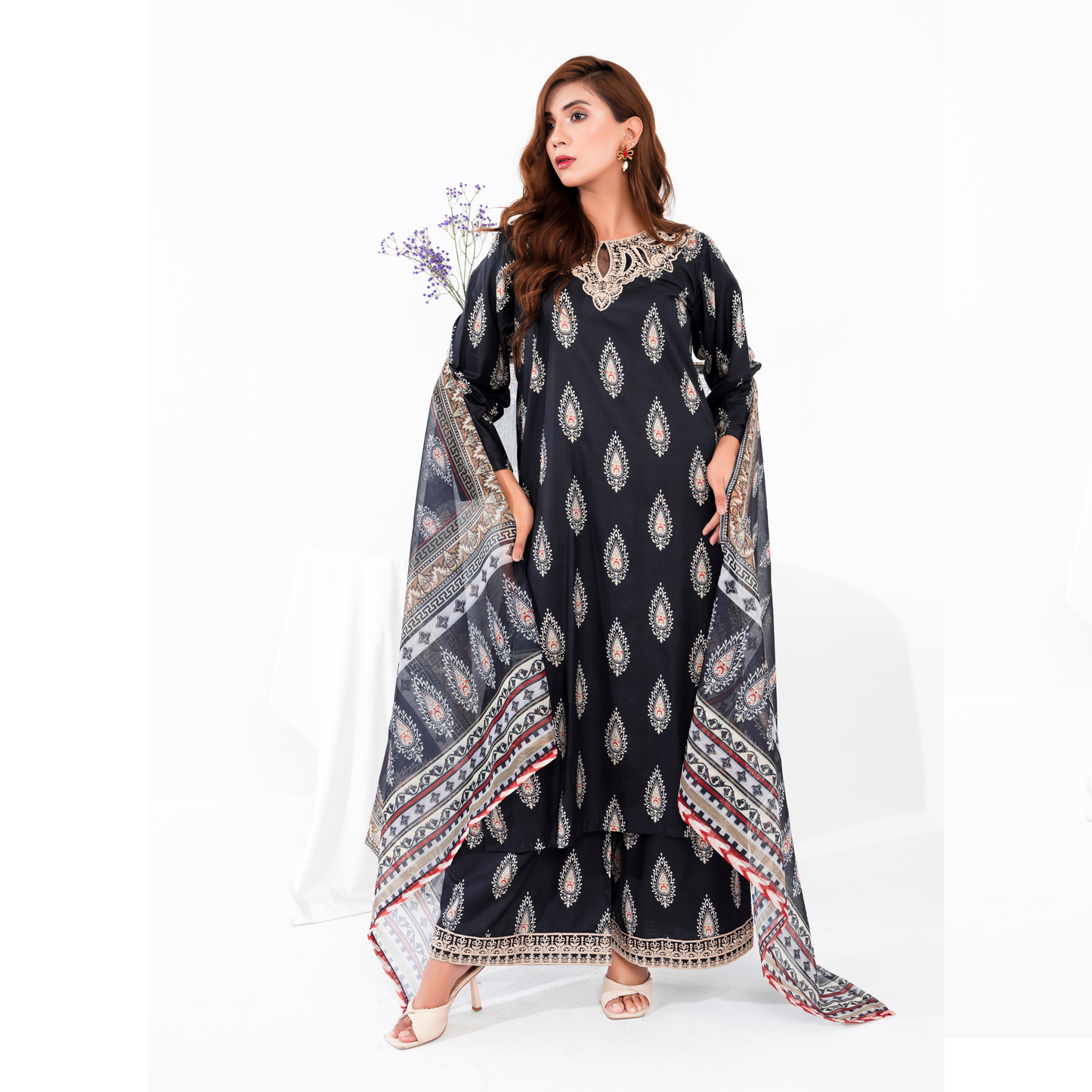 (Black) 3 Pc Printed Floral Embroidered Linen Dress Winter Wear | Raniya.h