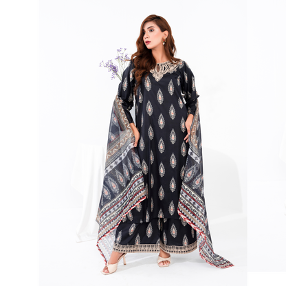 (Black) 3 Pc Printed Floral Embroidered Linen Dress Winter Wear | Raniya.h
