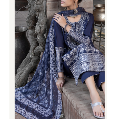 (Blue) Embroidered Linen 3 Pc Ready to Wear by Casuallite