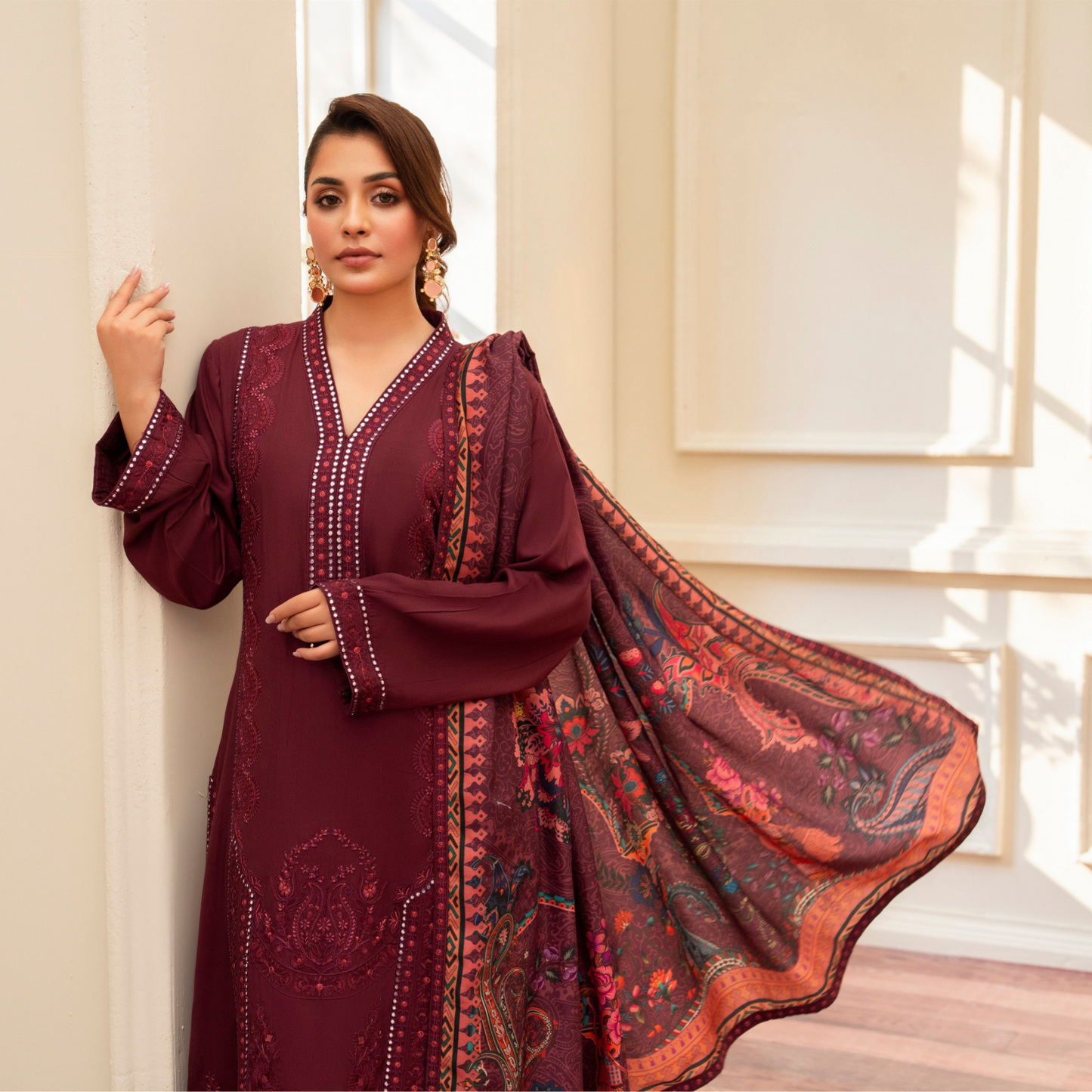 (MAROON) 3Pc Ready to Wear Embroidered Printed Collection | Karma Collection | UMKC0805