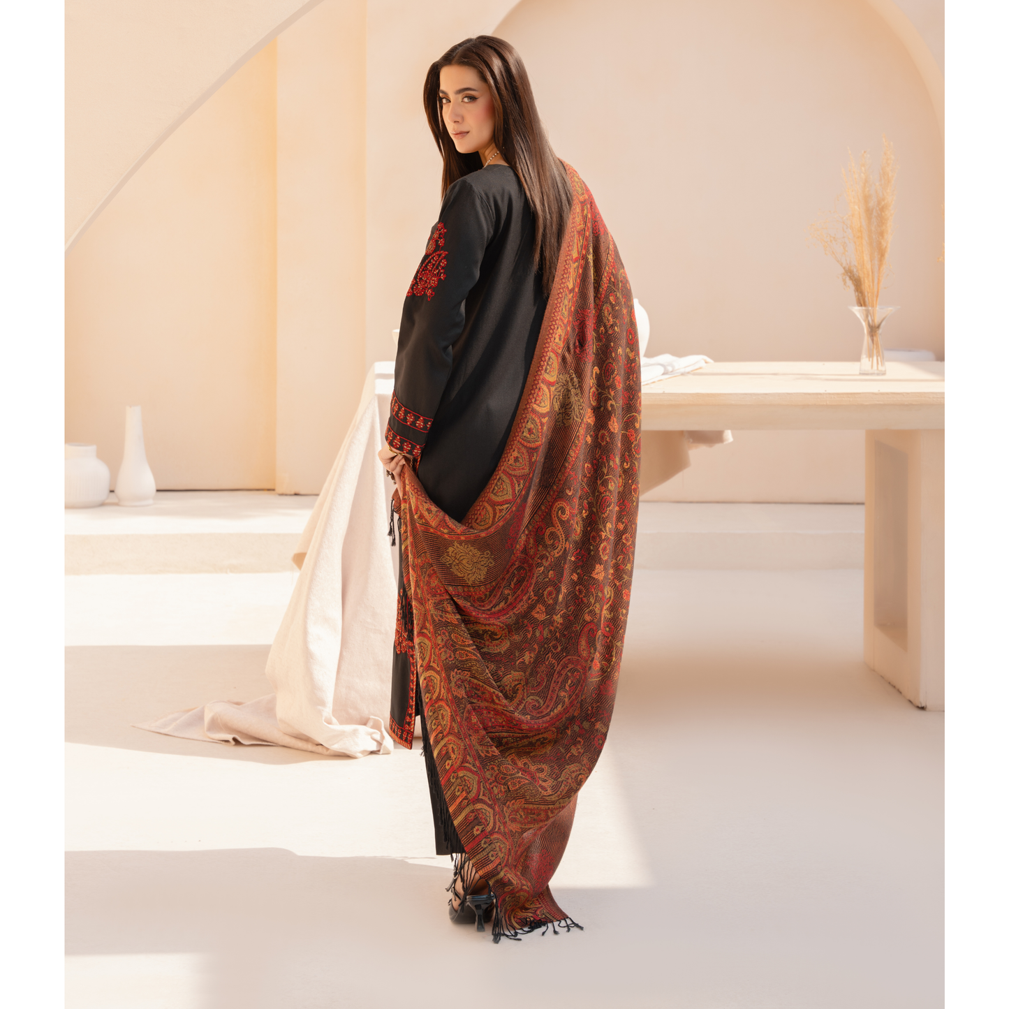 UA-140 Embroidered Dhanak Dress with Pashmina Shawl | Ready to Wear | Asian Clothes