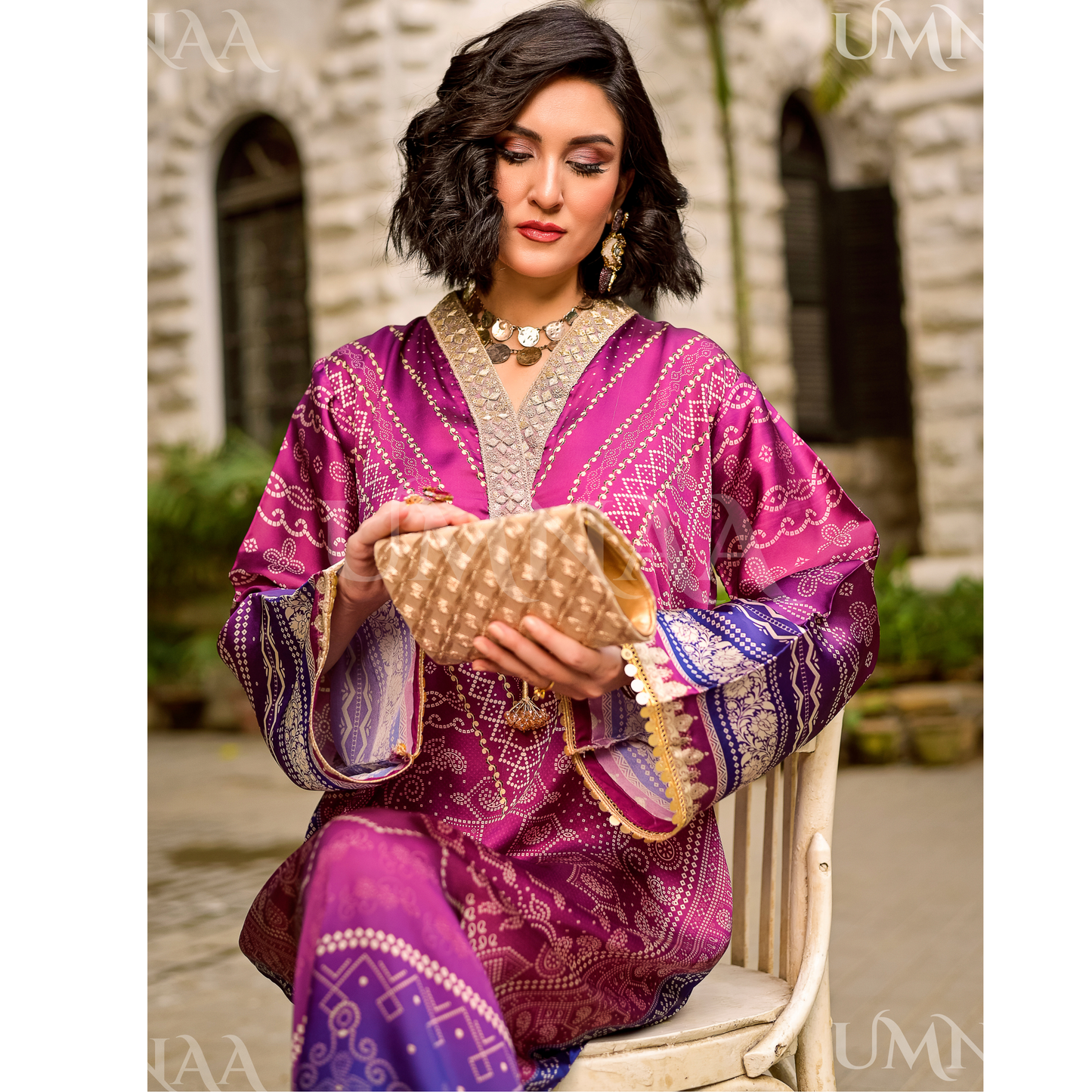 UA-160 Printed Silk kaftan Style long Maxi 1 PC  | Ready to wear | Umnaa