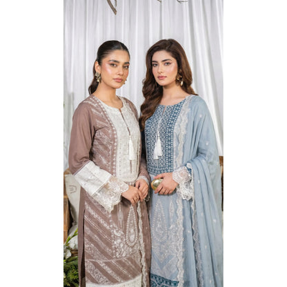 UB-02 3 Pc Embroidered Linen Dress With Embroidered Chiffon Dupatta  By UB