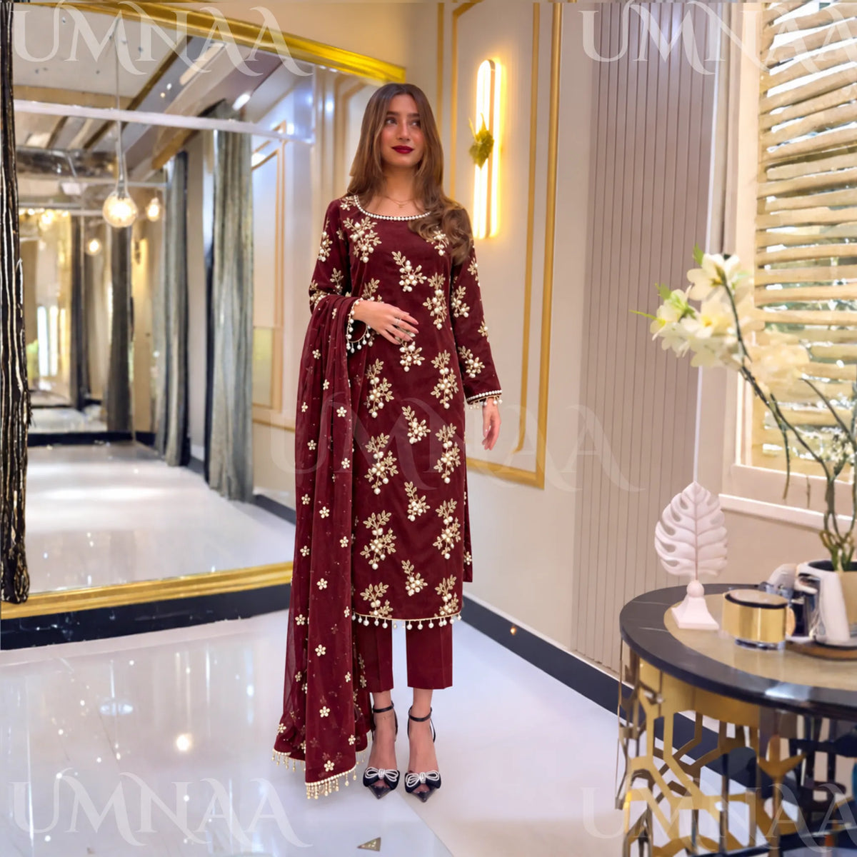 UA-26 3 Piece Embroidered Chiffon Party wear Pakistani Dress | Umnaa