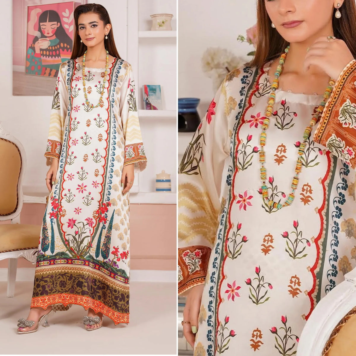 UA-312 Printed Shamooz Silk Printed Kaftan Style Co-Ord Set| Umnaa