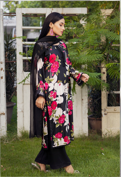 Black | Printed Linen Shirt & Trouser With Chiffon Dupatta| Ready to Wear 3 Pc dress - Rangz