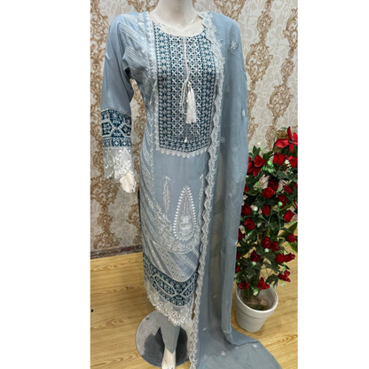 3 Pc Embroidered Linen Dress With Embroidered Chiffon Dupatta  By UB