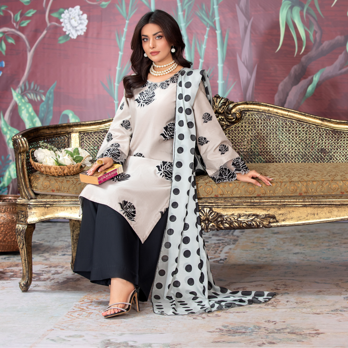 (Bone Beige) 3 Pc Embroidered Viscose Pakistani Dress With Silk Printed Dupatta  | Winter Wear | Heera's
