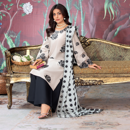 (Bone Beige) 3 Pc Embroidered Viscose Pakistani Dress With Silk Printed Dupatta  | Winter Wear | Heera's