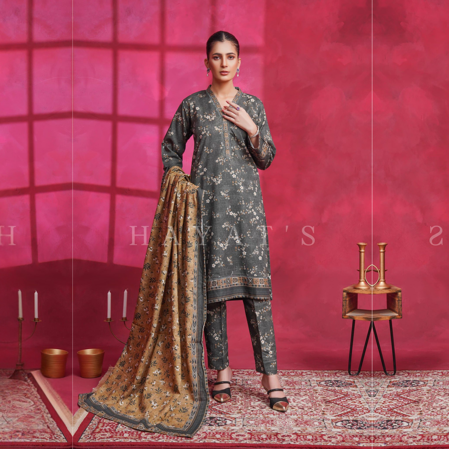 (Dark Grey) Printed Khaddar Dress  |3 Pc| Winter Collection | Hayats