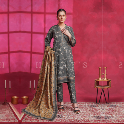 (Dark Grey) Printed Khaddar Dress  |3 Pc| Winter Collection | Hayats