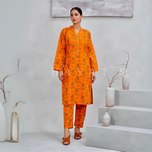 Orange 2 Pc floral Printed Khaddar Pakistani Co-Ords Set | Ready to wear| Hayats