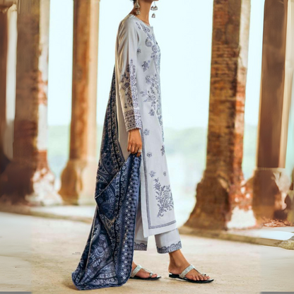 (Light grey) 3 Piece Embroidered Dhanak Ready to Wear Collection by Casuallite | UMCAE0601