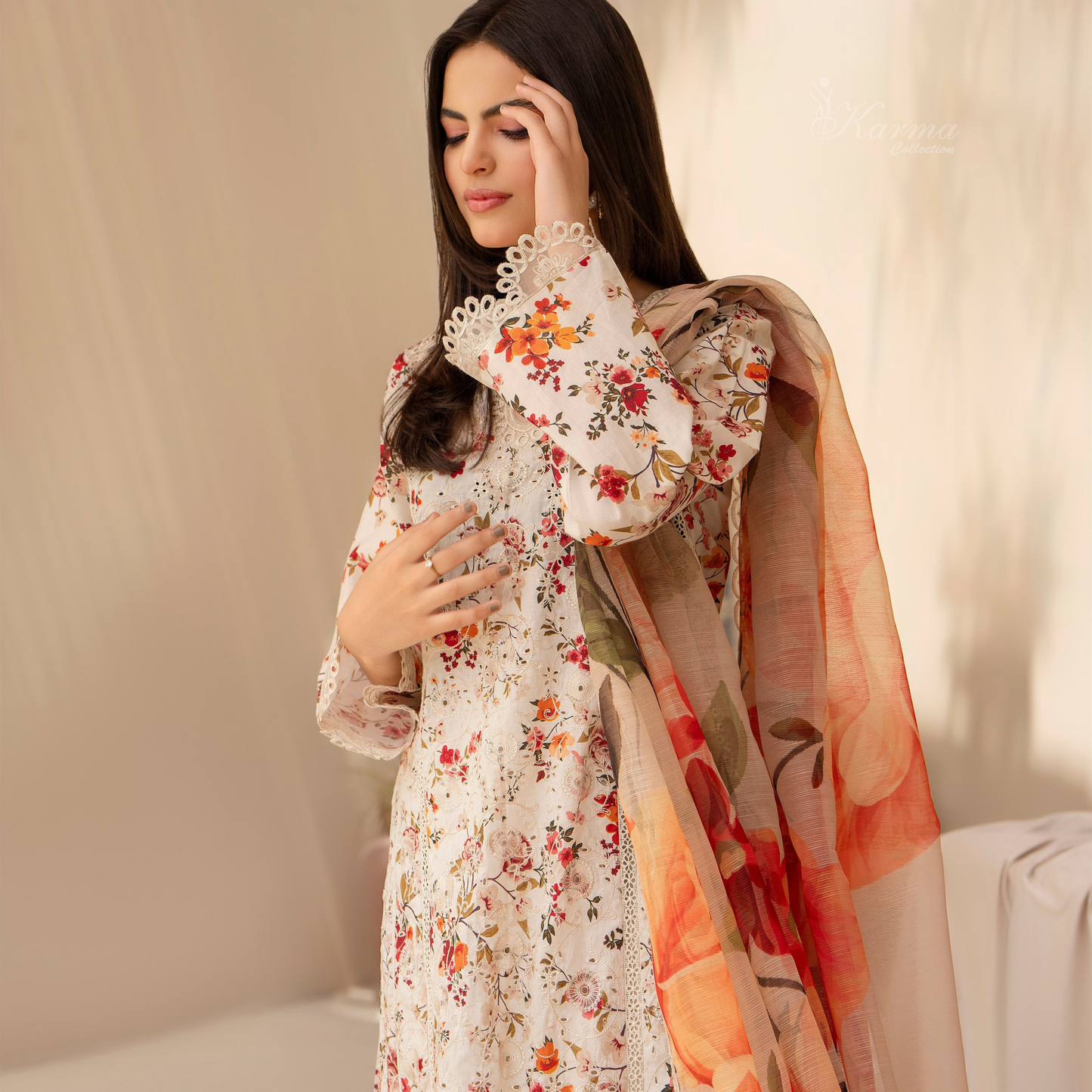 Multi floral Print Cotrai dhanak with pasmina wool shawl 3 Pc - Karma Collection | UMKC0601