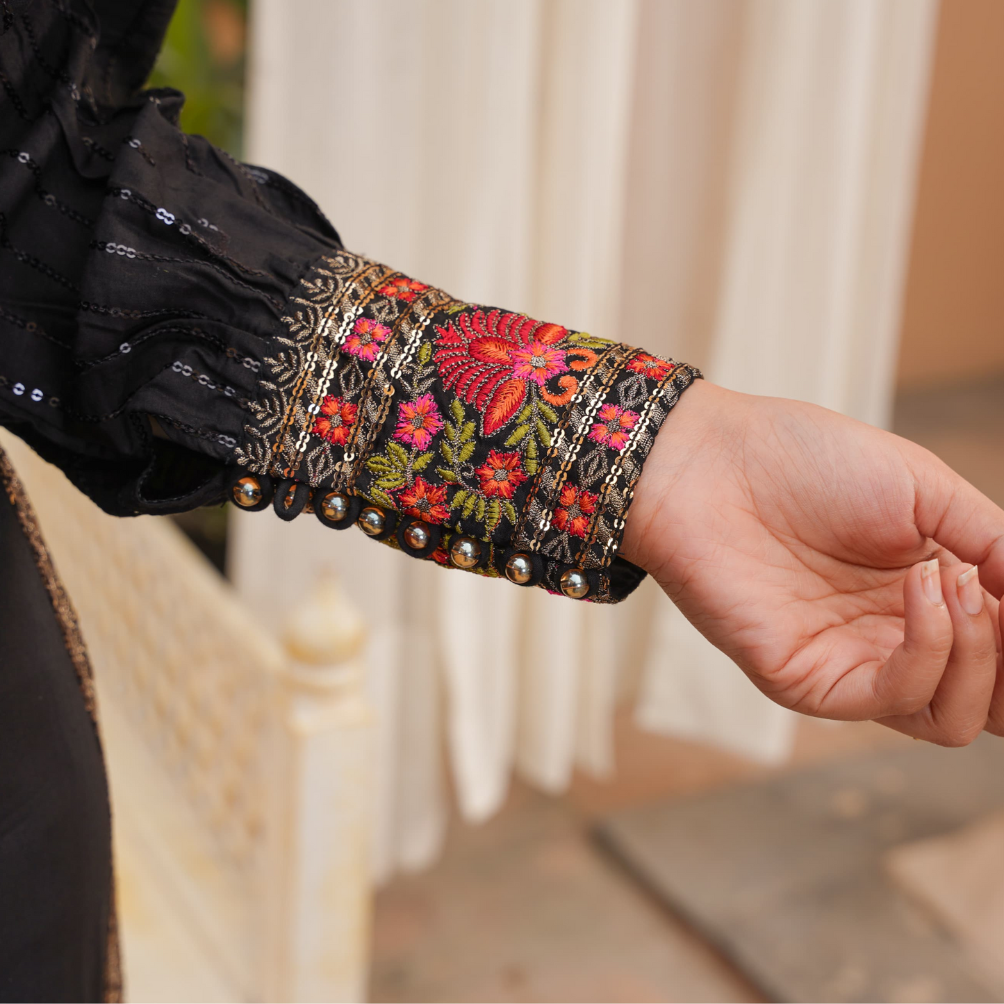 UA-27 (Black) Embroidered Viscose Dress & Chiffon Dupatta UMNAA